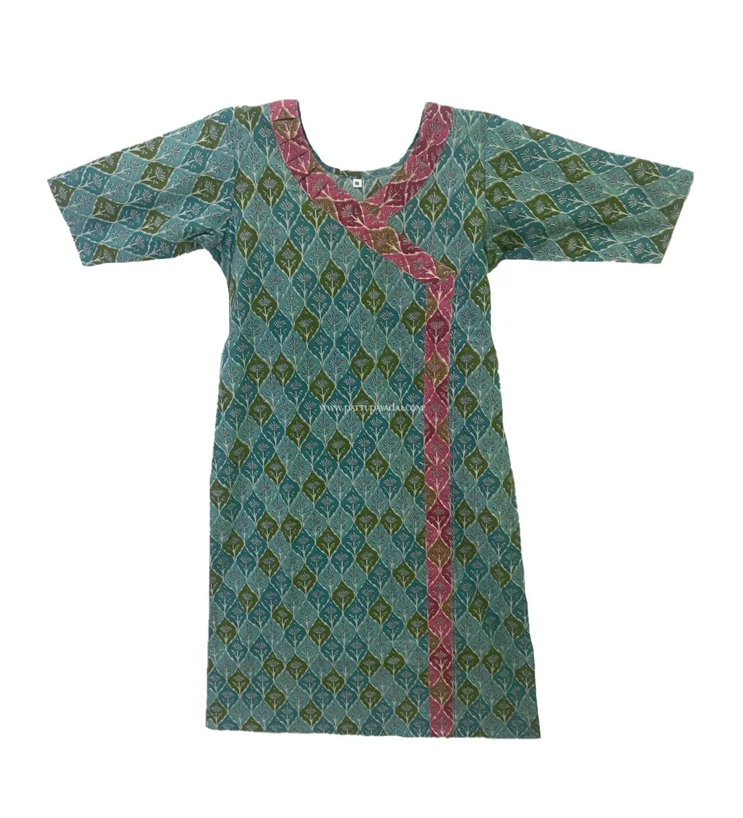 Pure cotton Printed Kurti Green and Pink - Pattupavadai.com