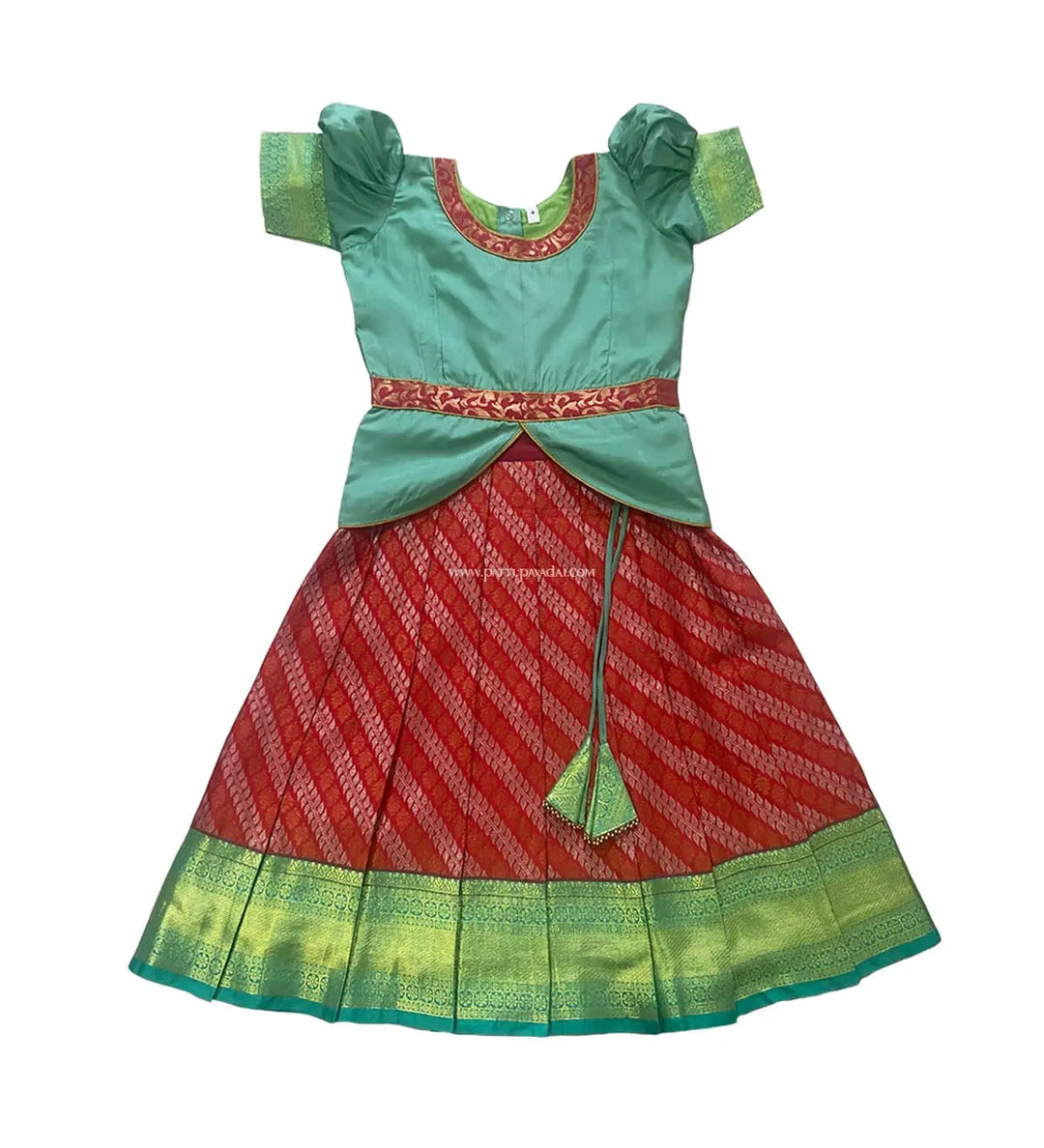 Pure Silk Designer Pavadai Red and Pista Green - Pattupavadai.com