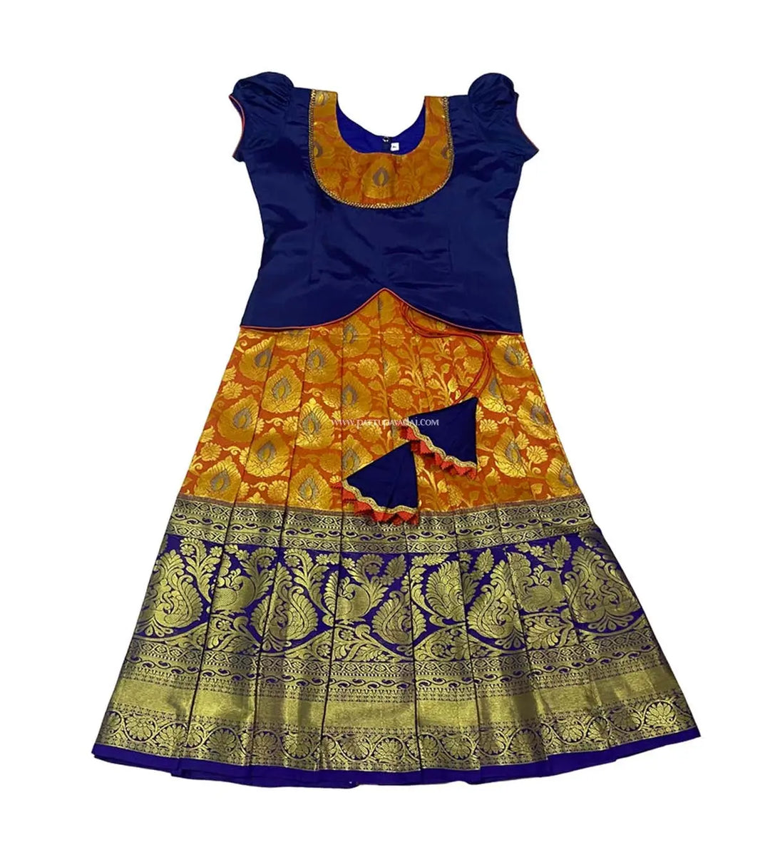 Pure Silk Pavadai Orange and Navy Blue - Pattupavadai.com