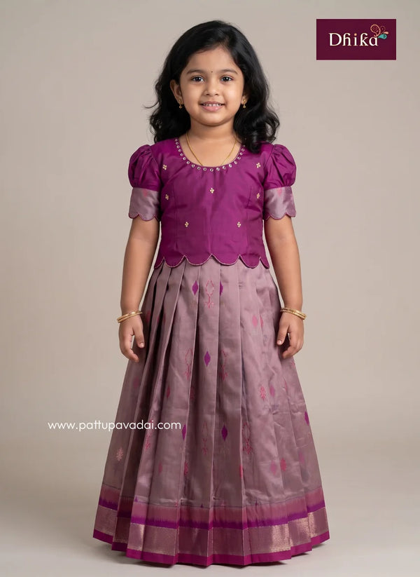 purple ikkat silk pavadai for girls traditional festive wear