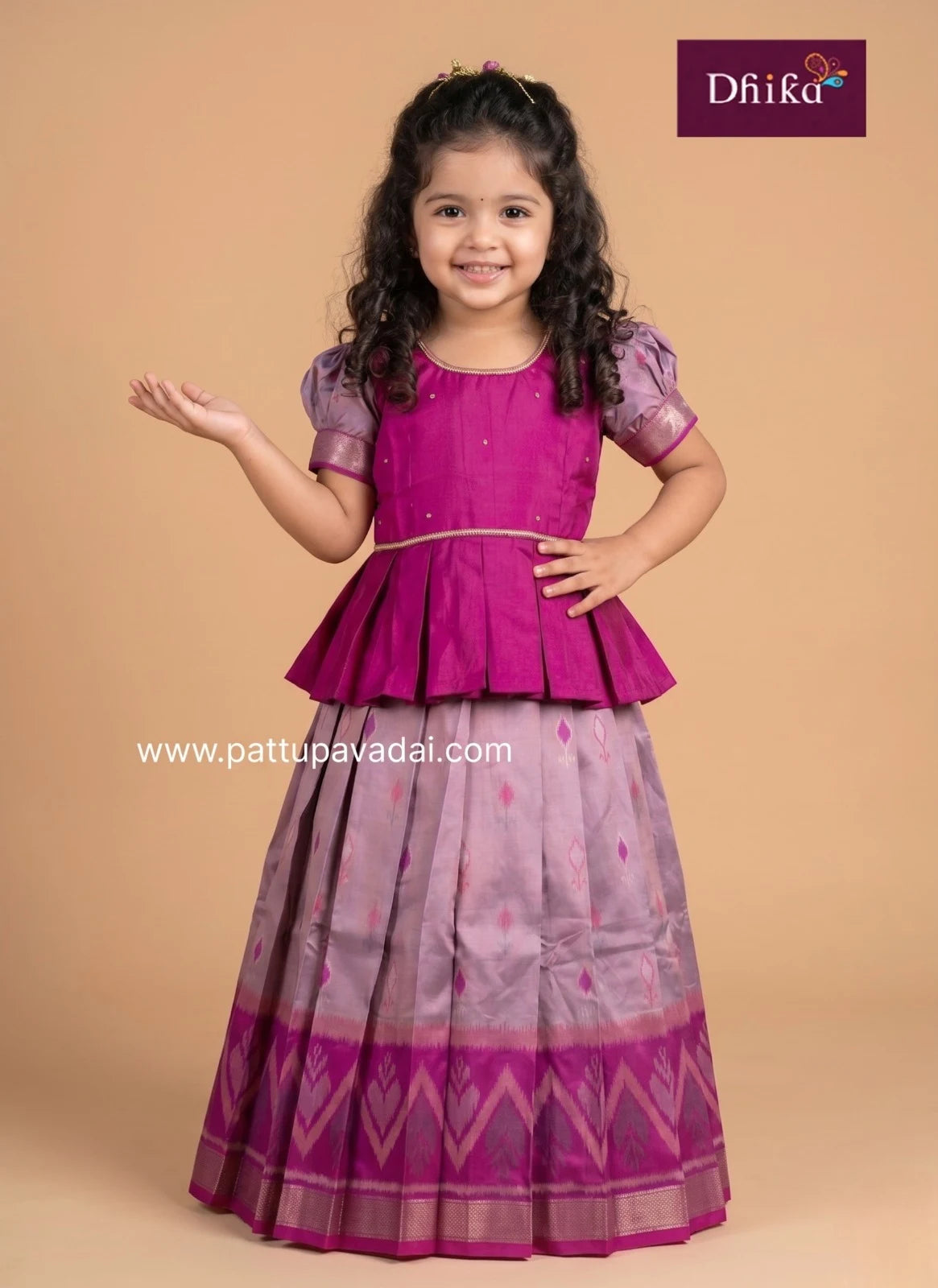 purple magenta ikkat silk pavadai for girls traditional kids festive wear