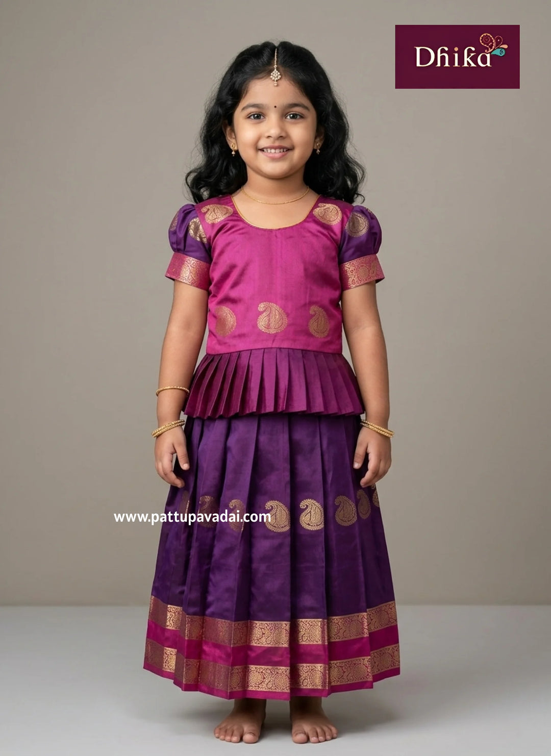 Purple and pink soft silk pavadai sattai for girls festive pattu pavadai set with zari border