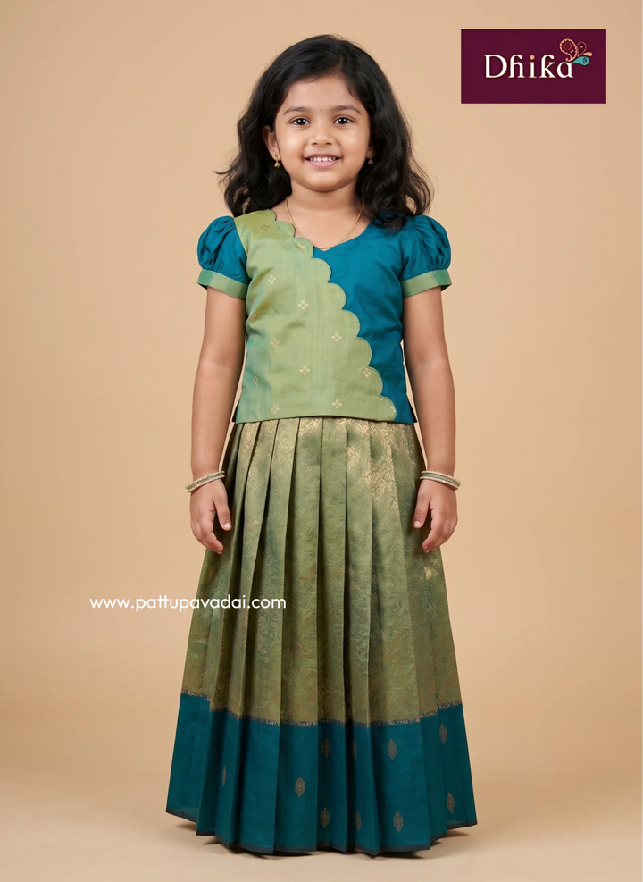 Rama green and mild green soft silk pavadai for girls front view