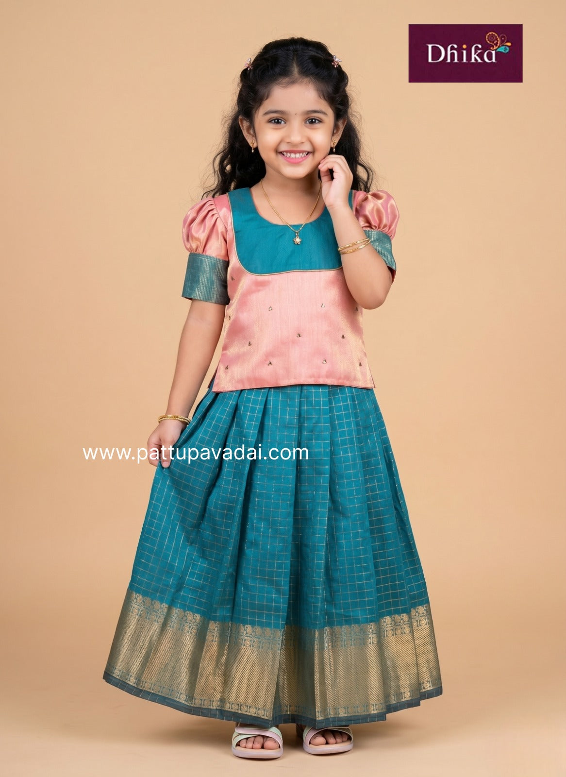 rama green peach checked pavadai sattai for girls traditional dress