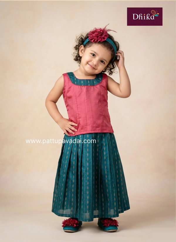 silk cotton rama green peach sleeveless top and skirt set for girls