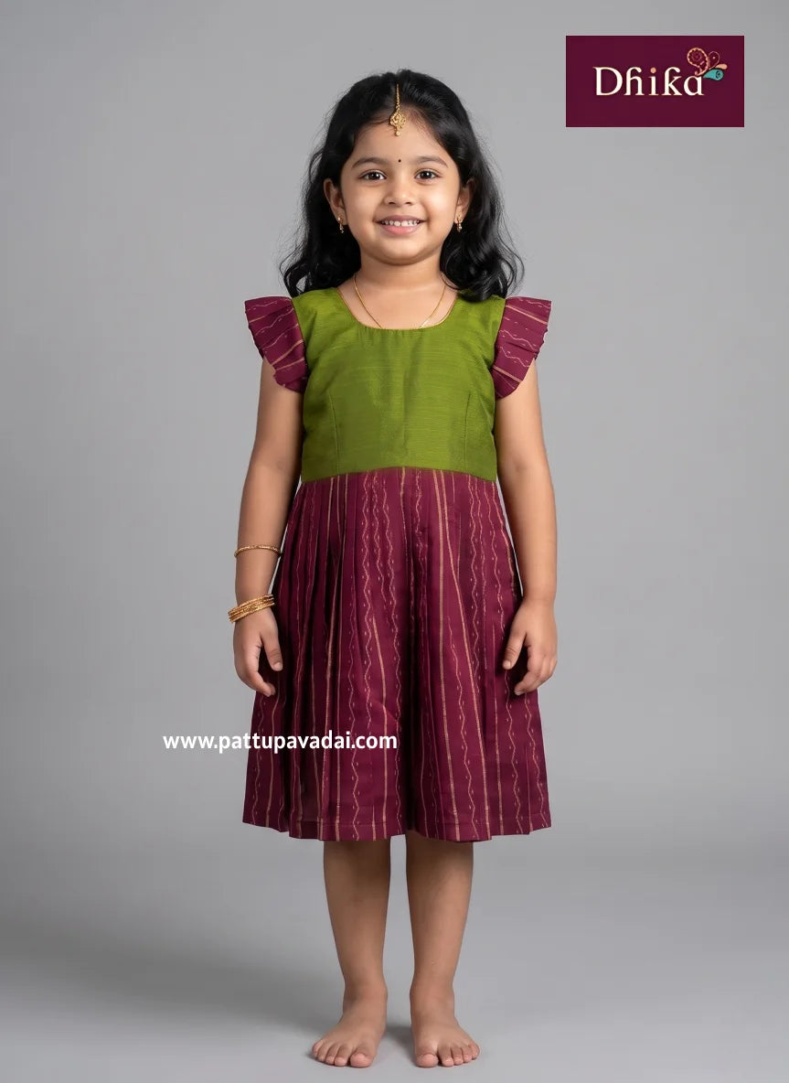 raw silk parrot green and magenta frock for girls traditional dress