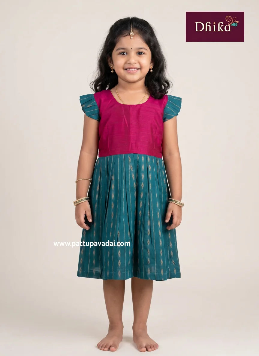 raw silk pink and rama green cotton frock for girls traditional dress