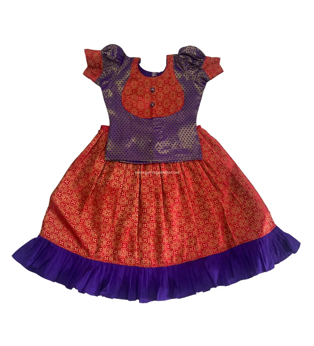 Red Brocade and Violet Pattu Pavadai - Pattupavadai.com