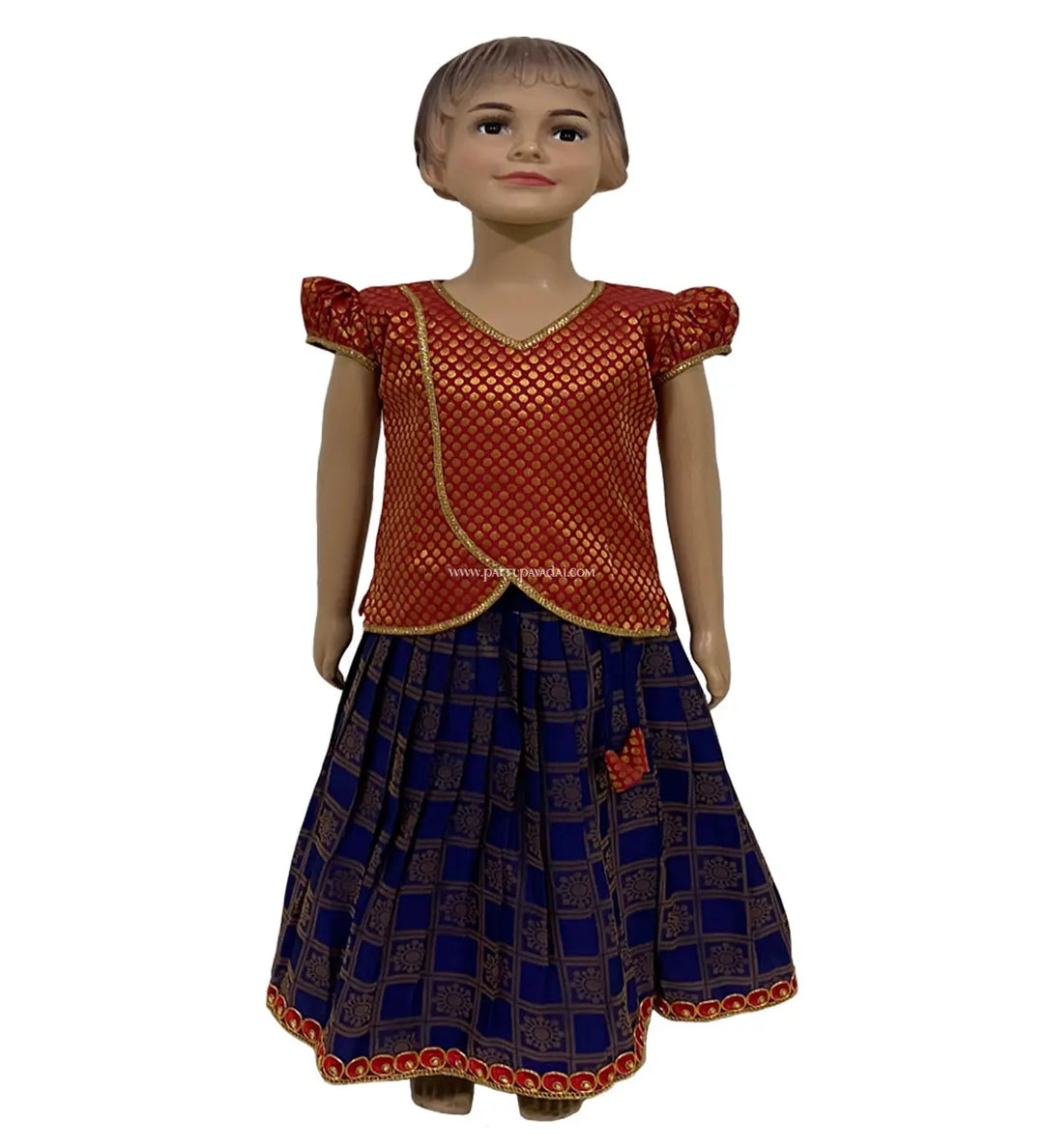 Red Brocade Top and Navy Blue Skirt - Pattupavadai.com