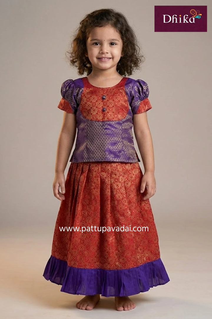 red brocade and violet pattu pavadai set for kids traditional festive wear