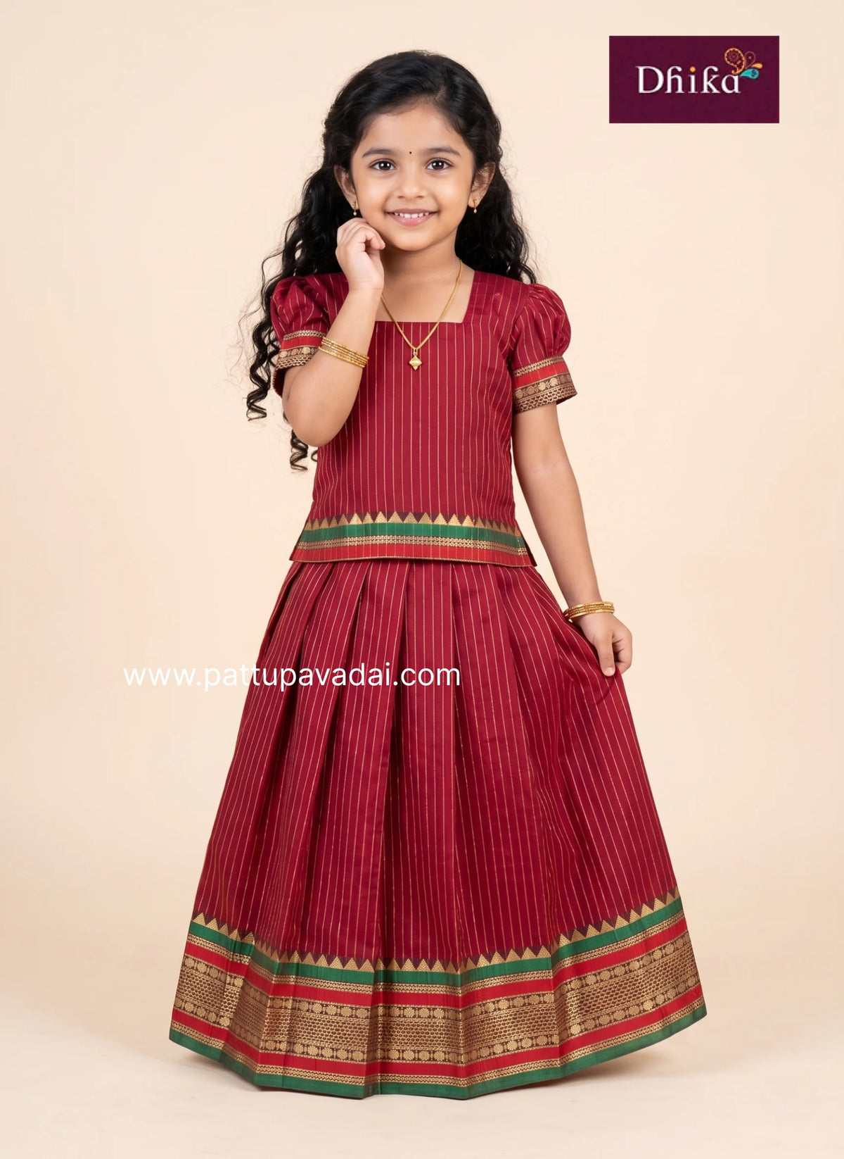 Red and Green Pure Cotton Pavadai for Girls Traditional Ethnic Wear