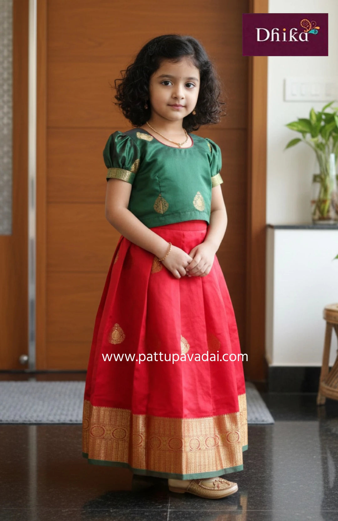 red and green soft pattu pavadai traditional dress for girls