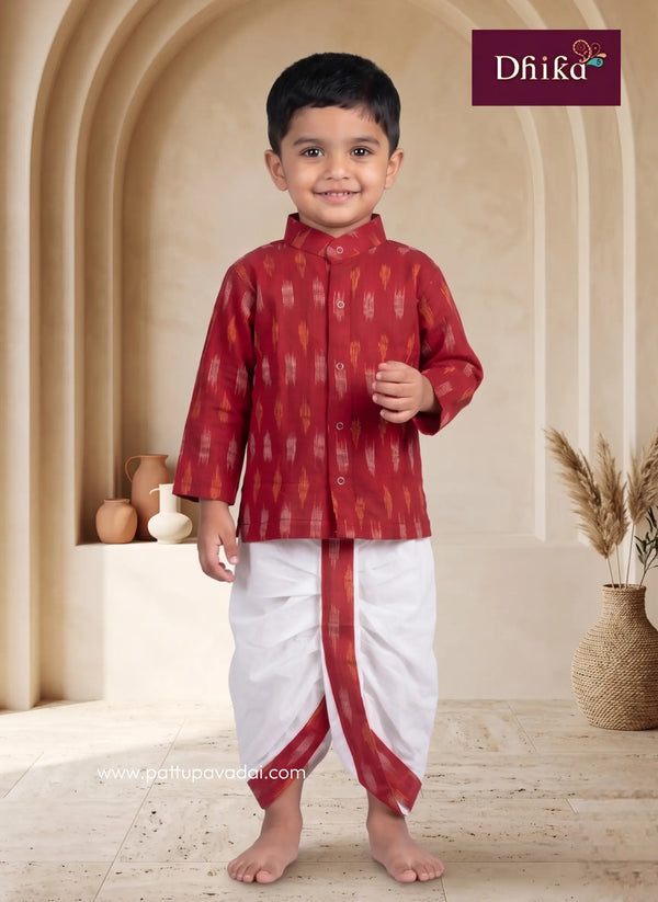 red ikkat kurta dhoti set for boys traditional outfit