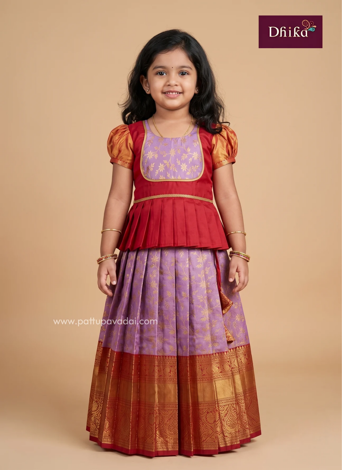 red and pink Semi Kanchi Pattu pavadai for girls