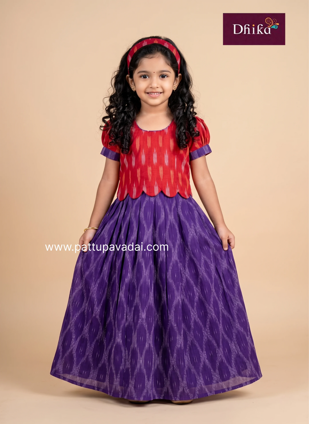 red and violet ikkat cotton skirt and top for girls