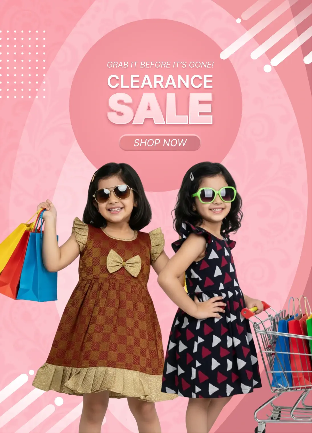 Two children in dresses with shopping bags and a cart on a pink background with clearance sale text.