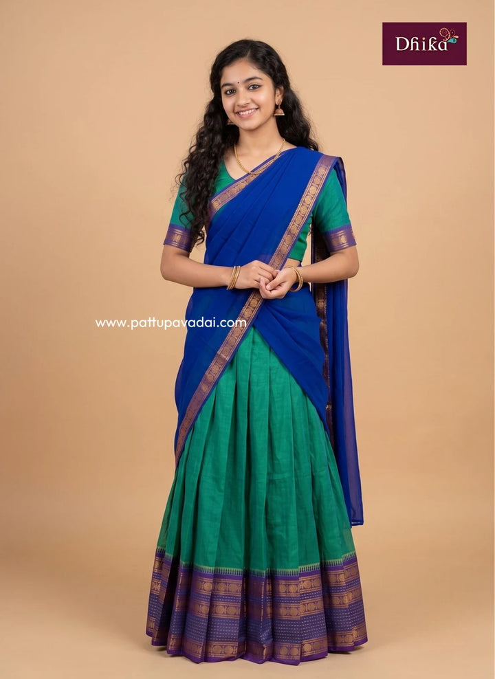 sea green and blue pure cotton half saree for girls