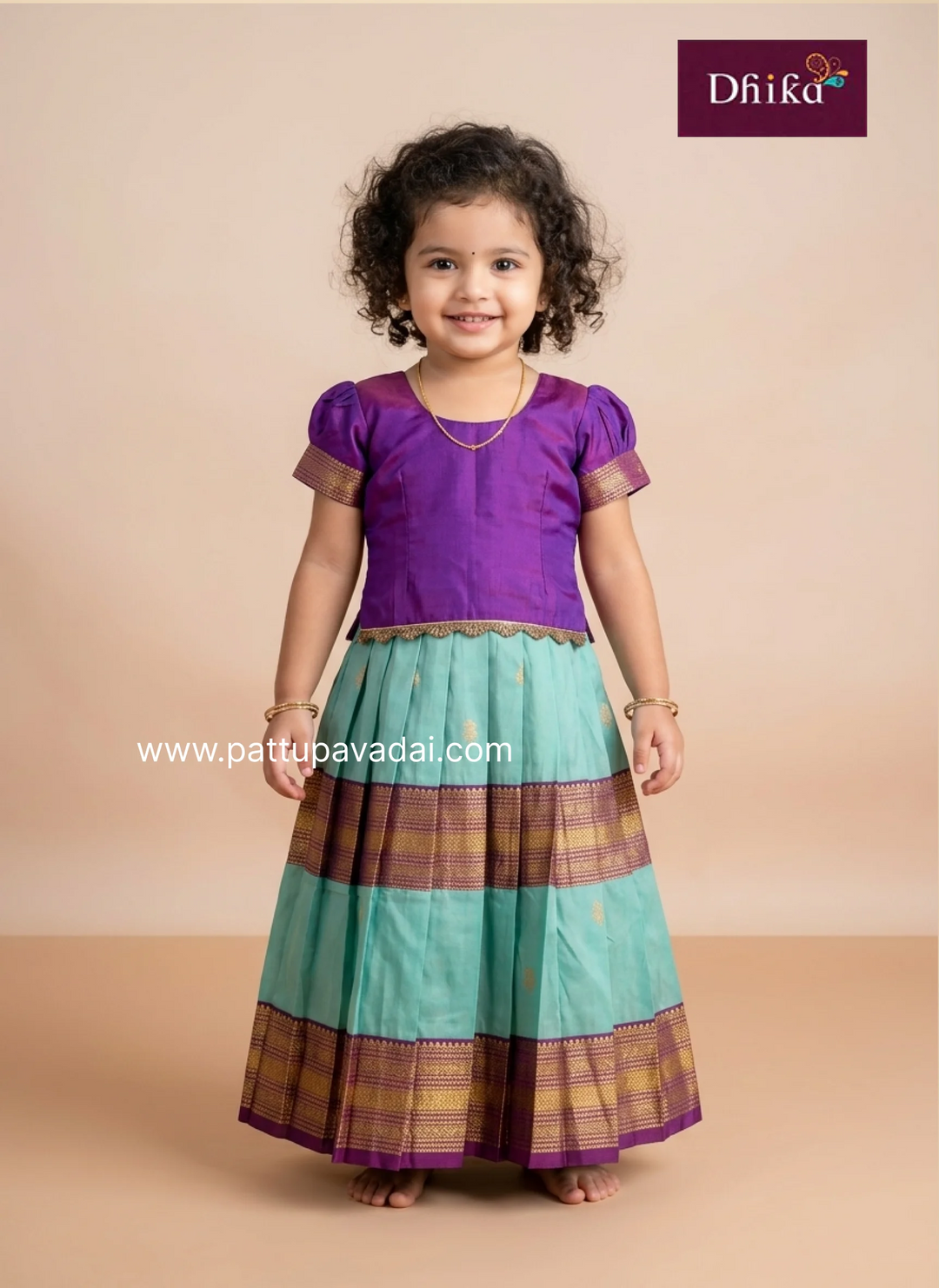 soft silk sea green violet pattu pavadai for girls traditional wear