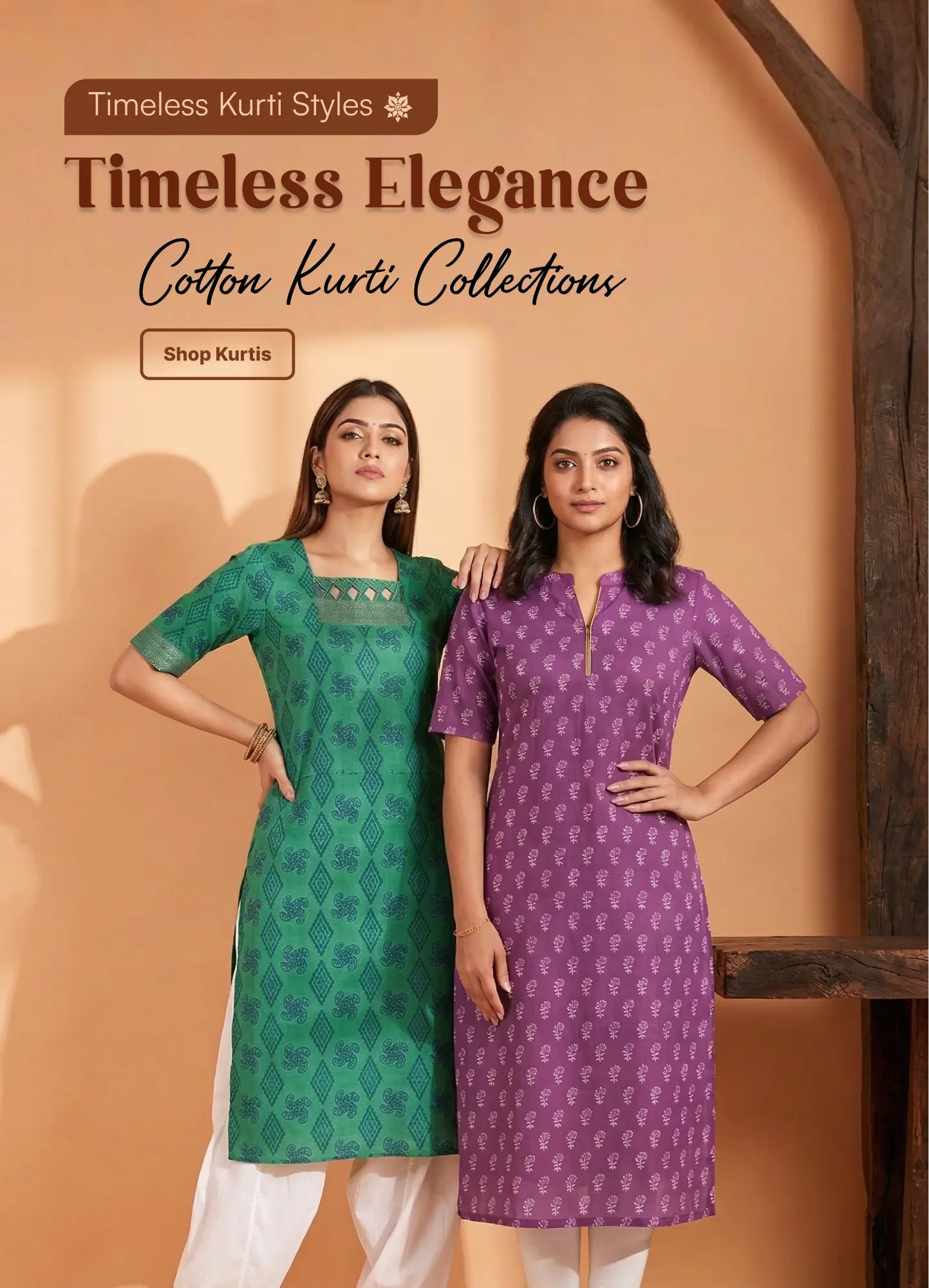 Timeless Elegance mobile banner highlighting women's green and purple cotton kurtis. Shop everyday ethnic wear.
