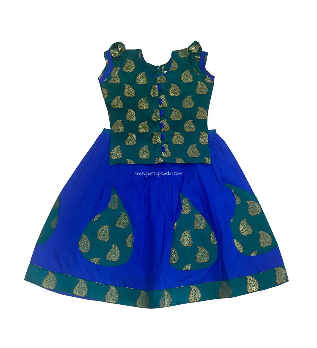 Silk Cotton Blue Skirt and Ramar Green Top - Pattupavadai.com