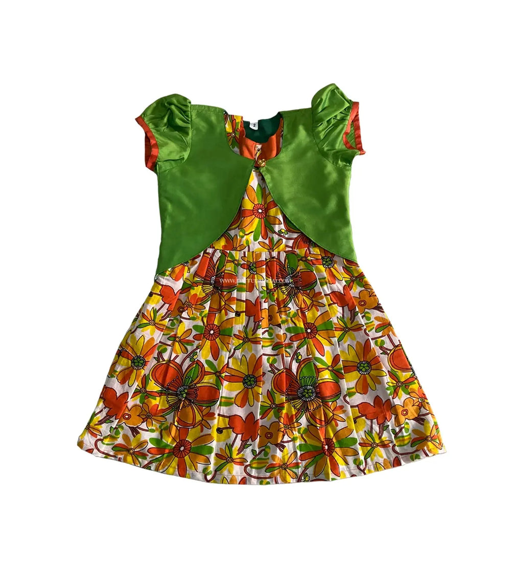 Silk Cotton Frock Pista Green with Shrugs - Pattupavadai.com
