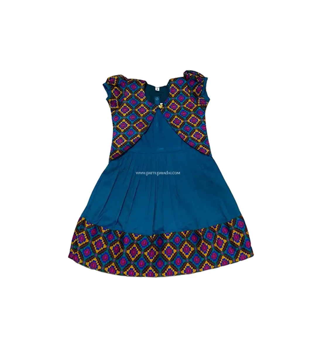 Silk Cotton Frock Rama Blue with Shrugs - Pattupavadai.com