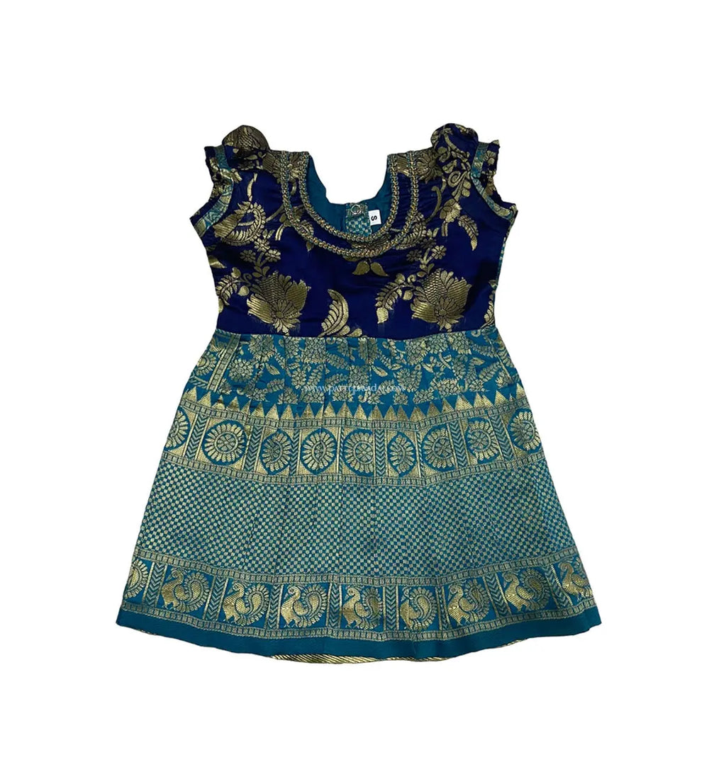 silk cotton frock sky blue ethnic kids dress with golden prints