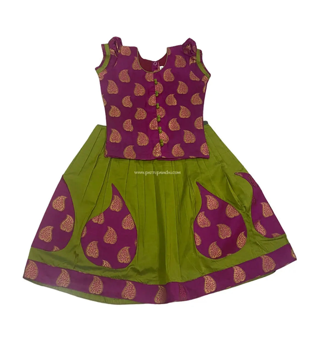 Silk Cotton Parrot Green Skirt and Magenta Top - Pattupavadai.com