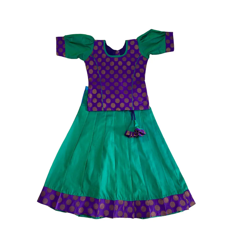 Silk Cotton Pavadai Set Green and Violet - Pattupavadai.com