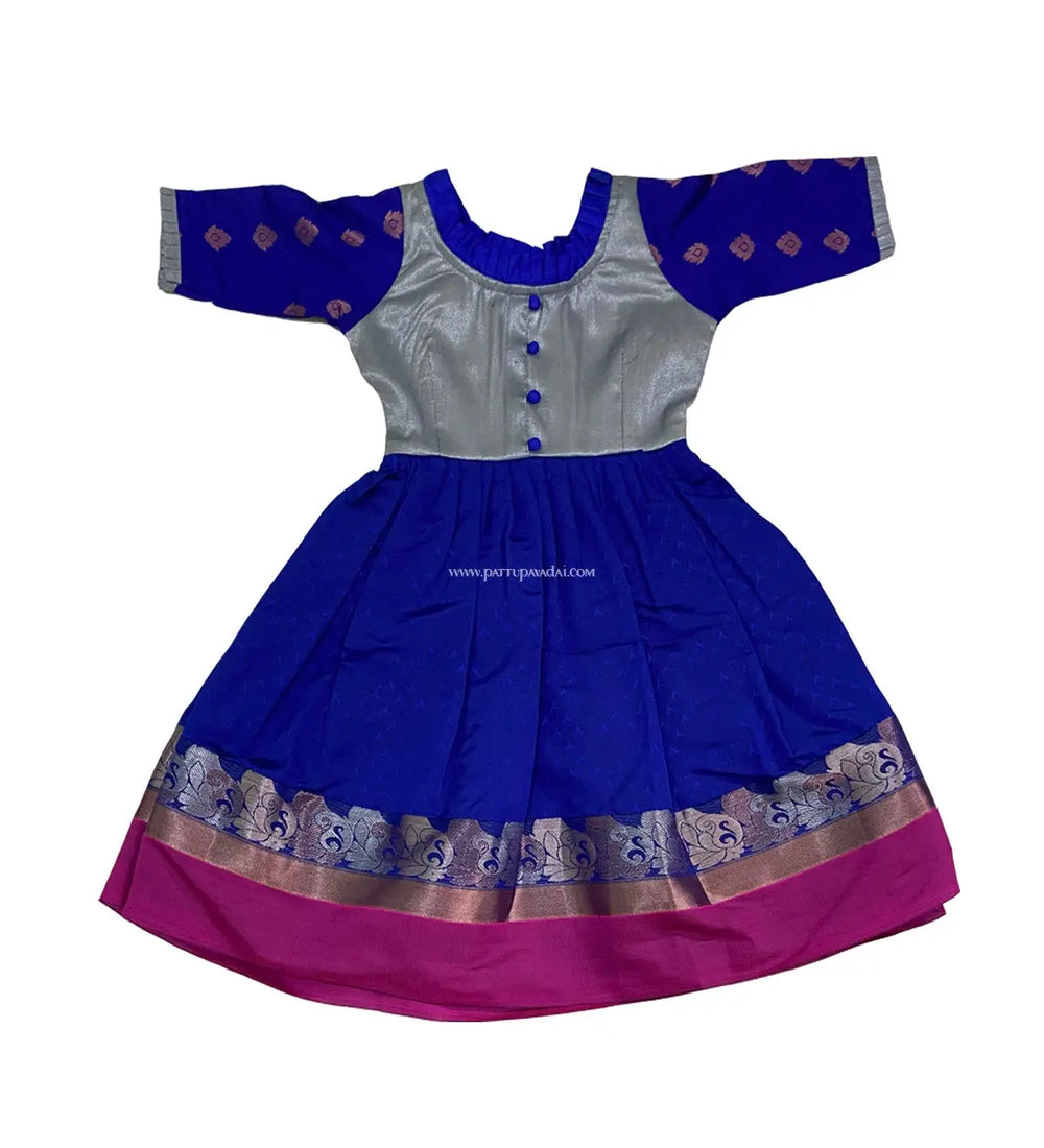 Silk Long Gown Blue and Grey - Pattupavadai.com