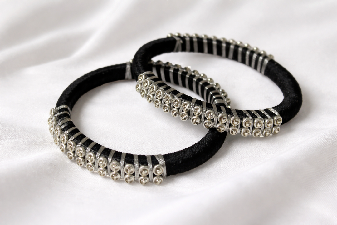 black and silver handmade silk thread bangle with beads and stone work for traditional wear