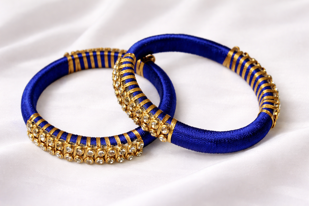 blue and golden handmade silk thread bangle with beads and stone work traditional jewelry