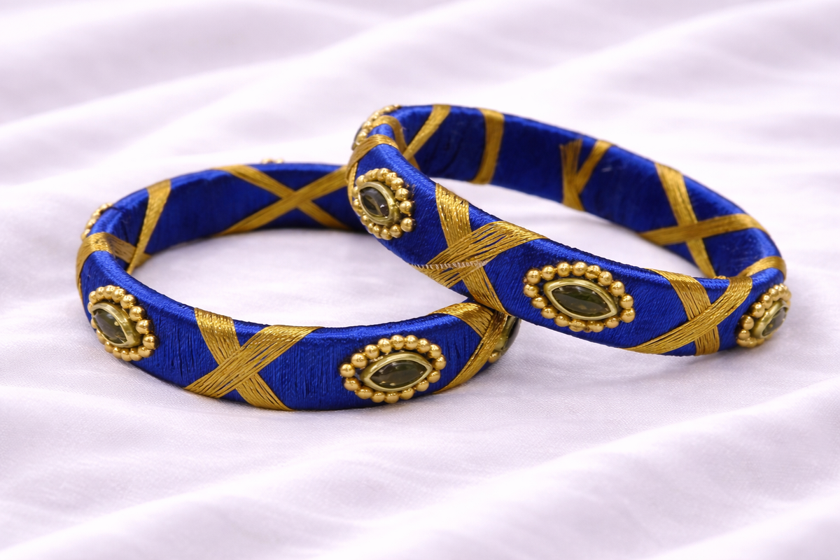 blue silk thread bangle with golden beads and kundan stones traditional jewelry for girls
