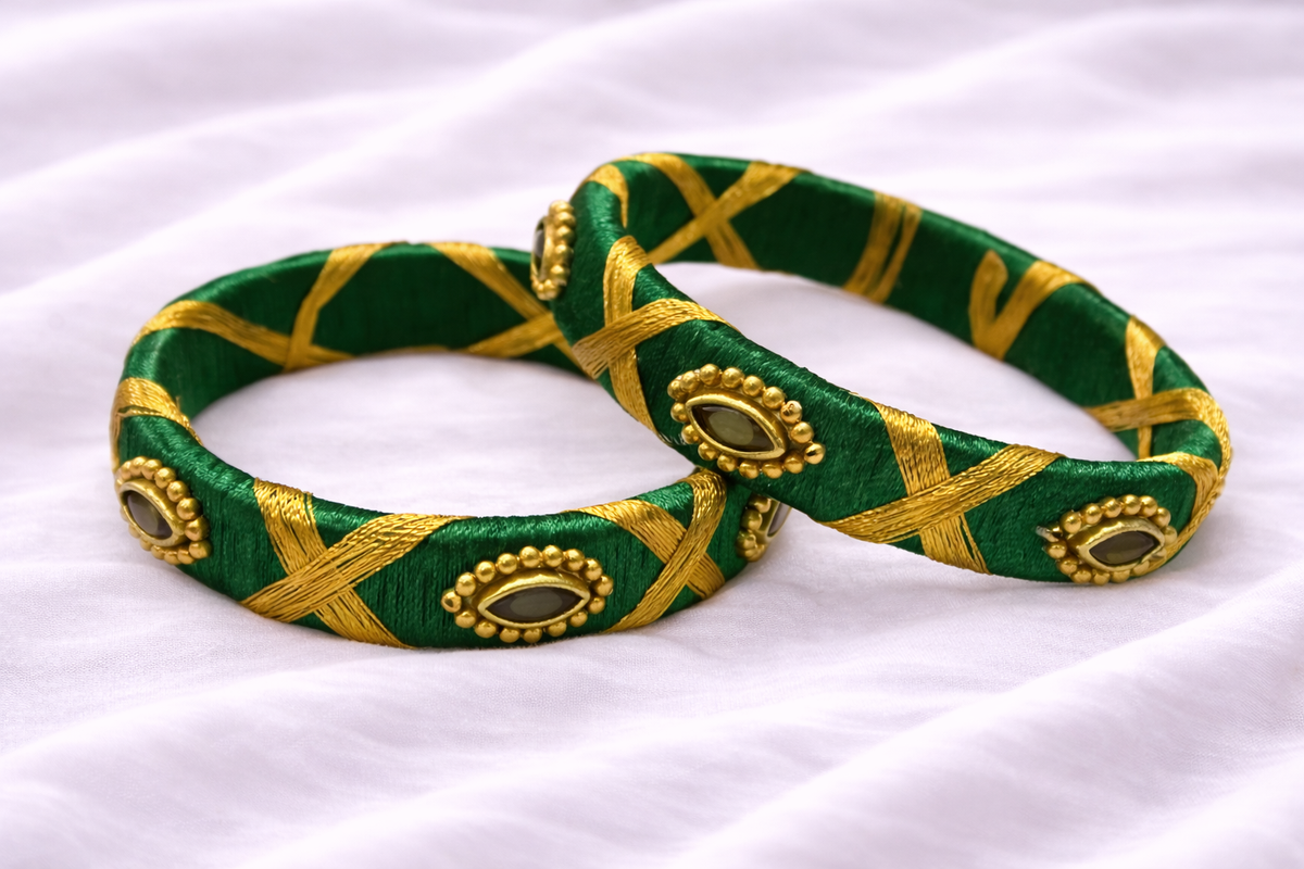 dark green silk thread bangle with golden beads and kundan stones traditional jewelry for girls
