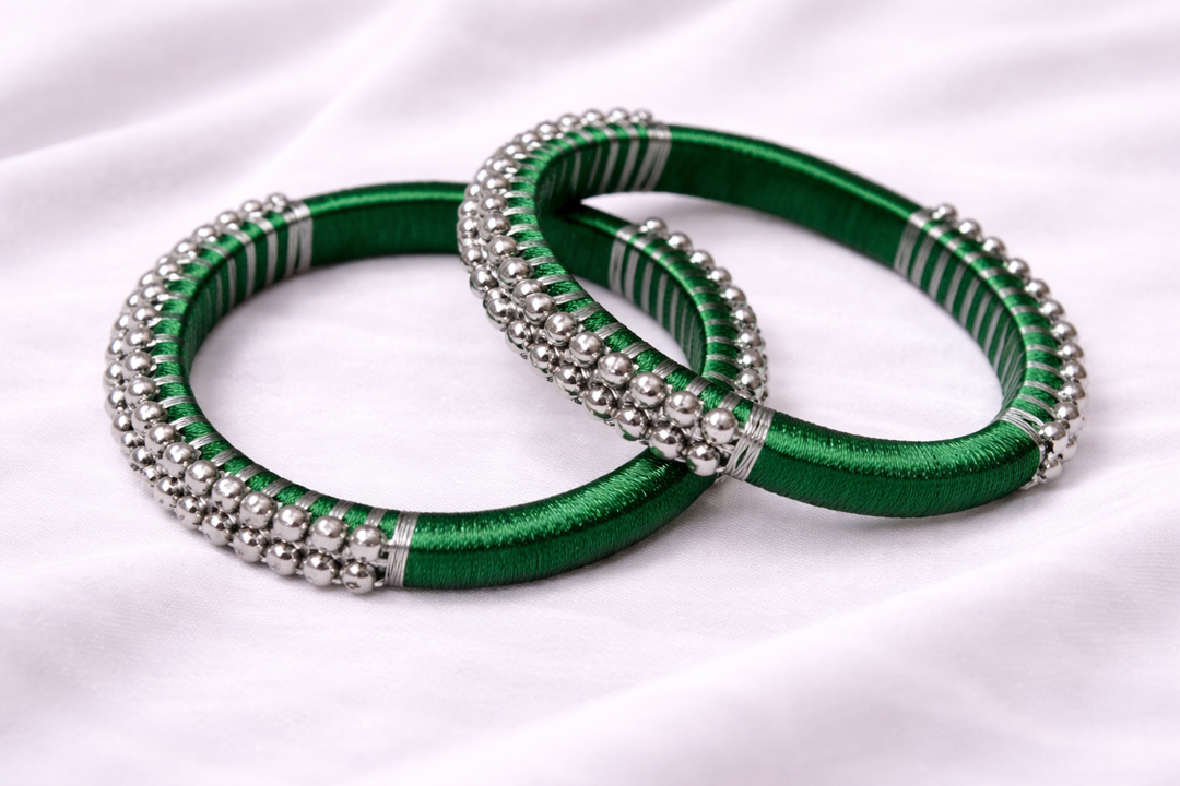 green and silver silk thread bangle handmade traditional jewelry for girls