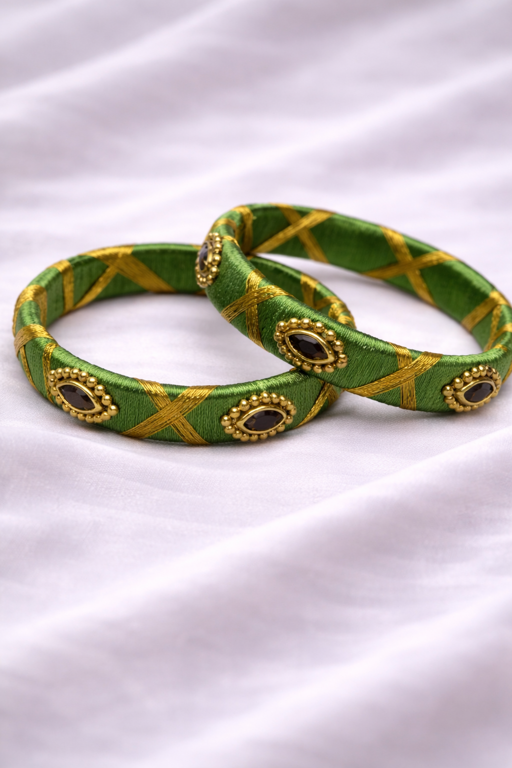 green silk thread bangle with golden beads and kundan stones traditional jewelry for girls