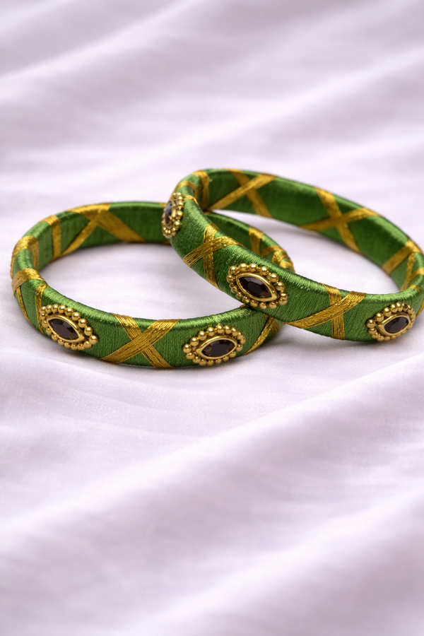green silk thread bangle with golden beads and kundan stones traditional jewelry for girls
