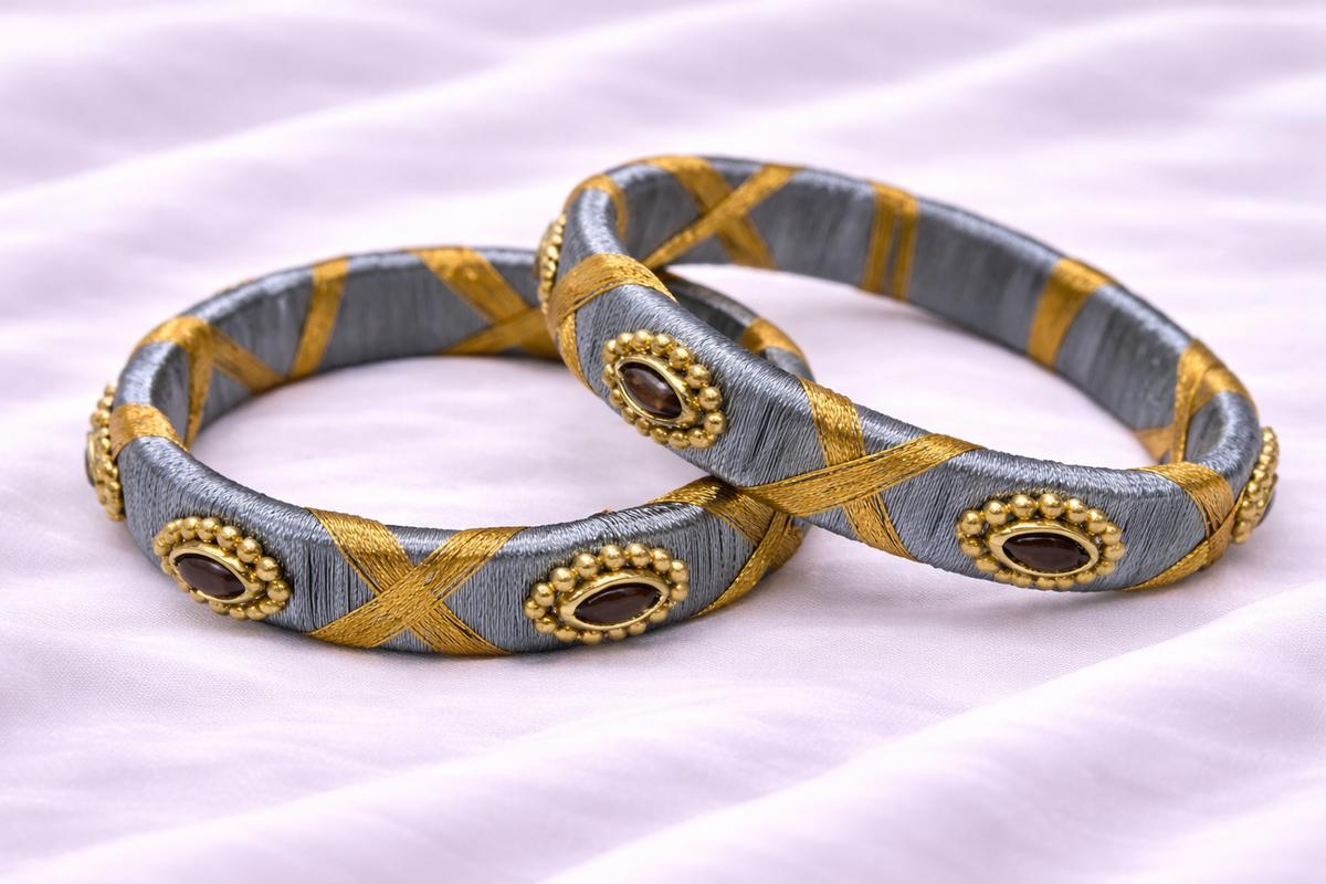 grey silk thread bangle with golden beads and kundan stones traditional jewelry for girls
