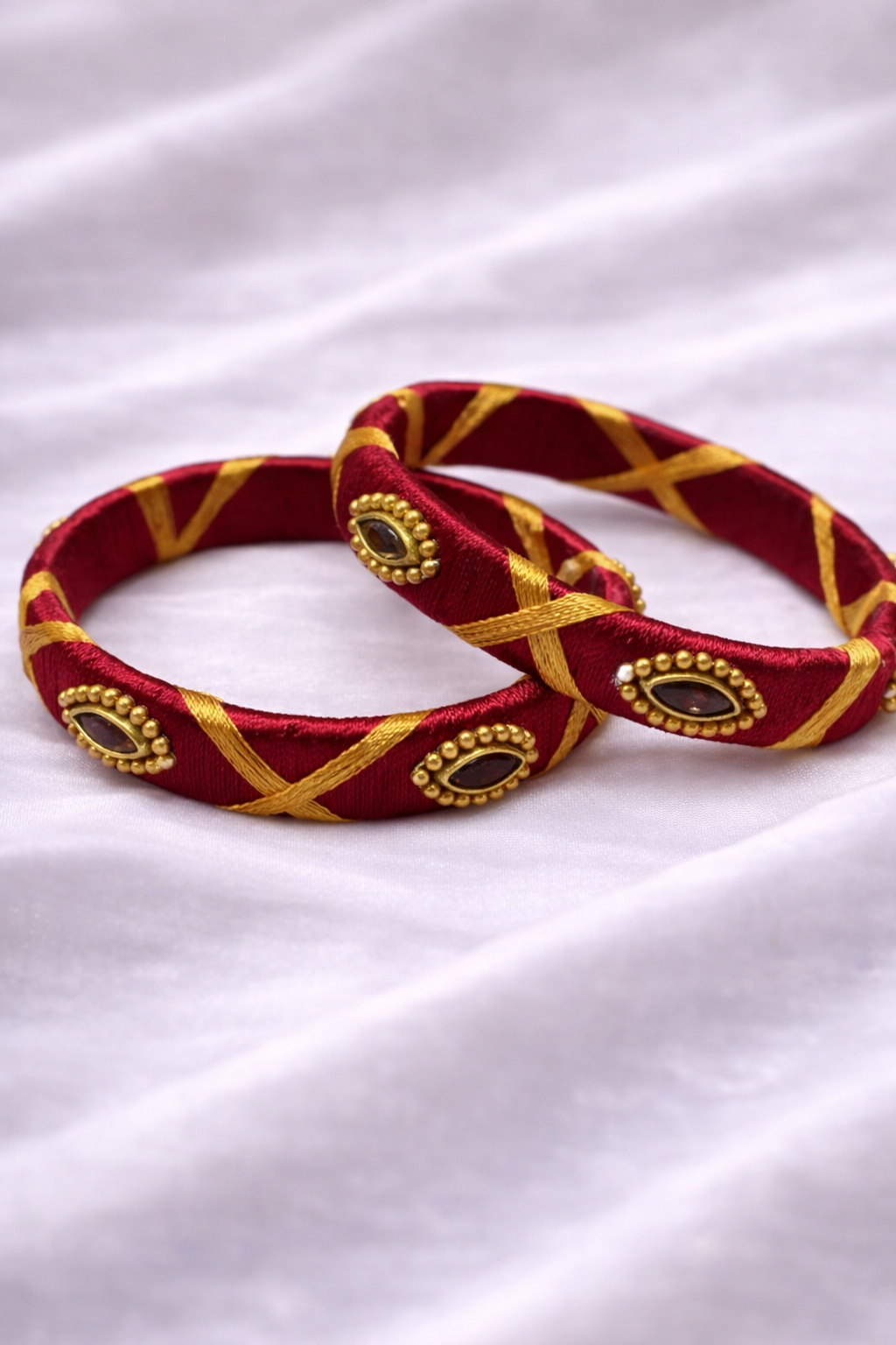 maroon silk thread bangle with golden beads and kundan stones traditional jewelry for girls