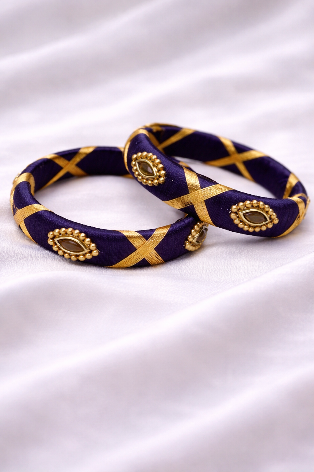 navy blue silk thread bangle with golden beads and kundan stones traditional jewelry for girls