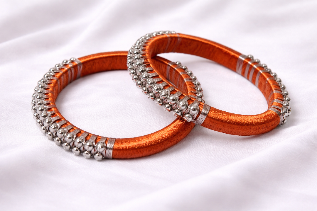 orange and silver silk thread bangle handmade traditional jewelry for girls