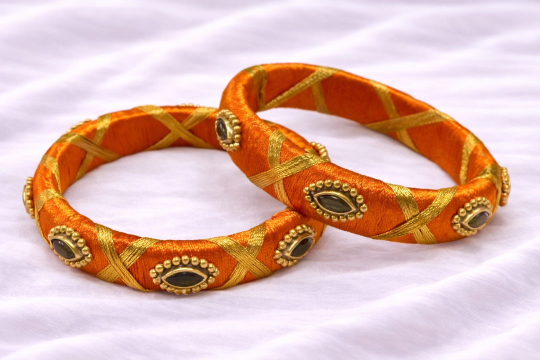 orange silk thread bangle with golden beads and kundan stones traditional jewelry for girls