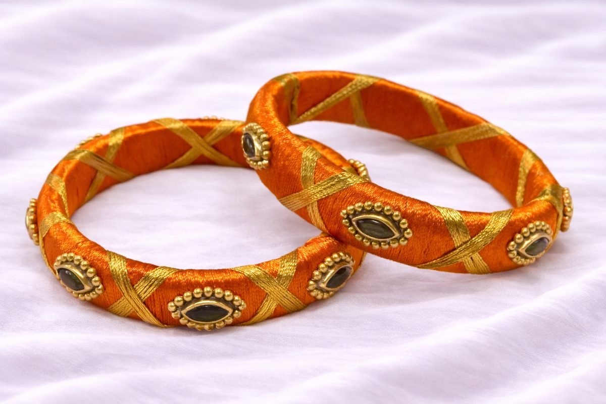 orange silk thread bangle with golden beads and kundan stones traditional jewelry for girls
