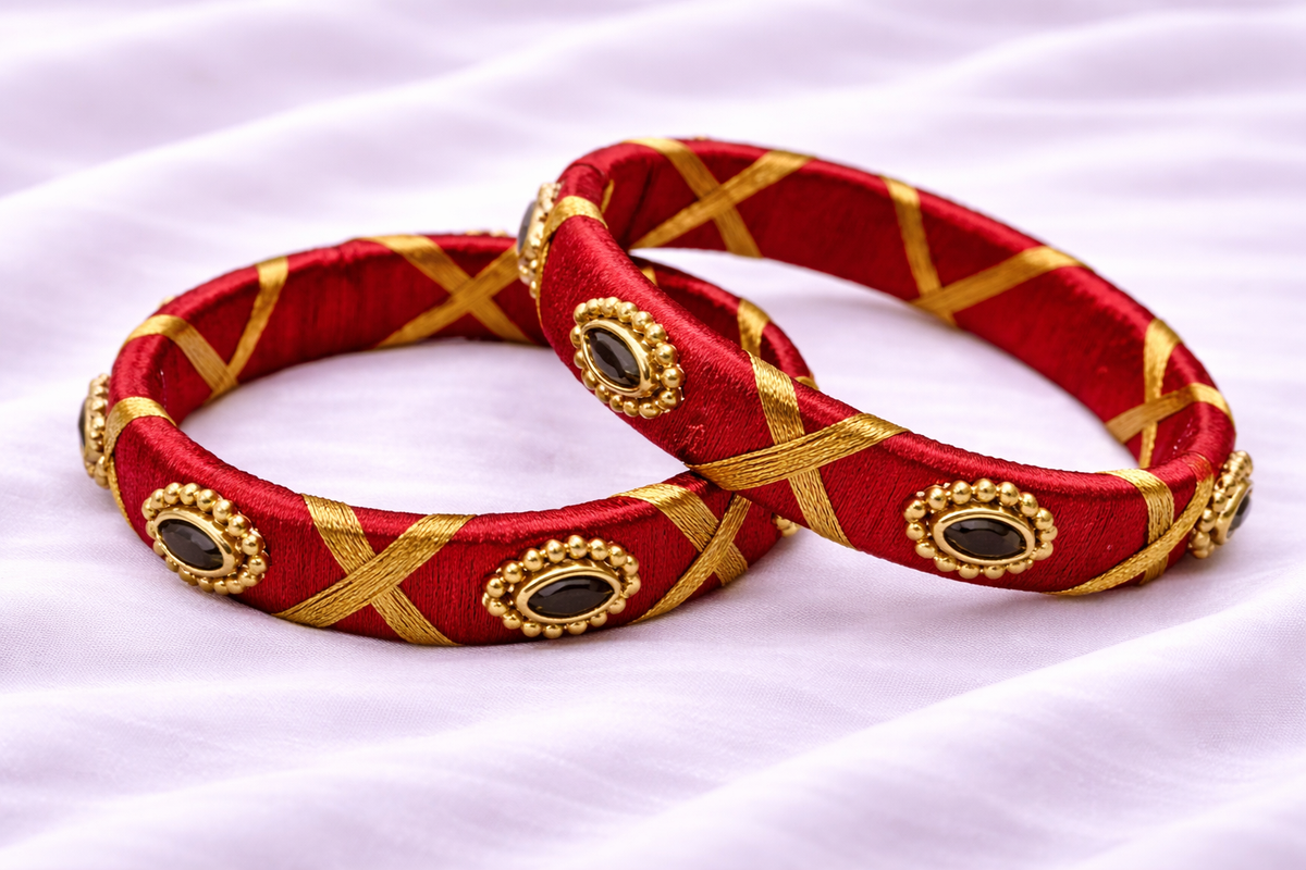 red silk thread bangle with golden beads and kundan stones traditional jewelry for girls
