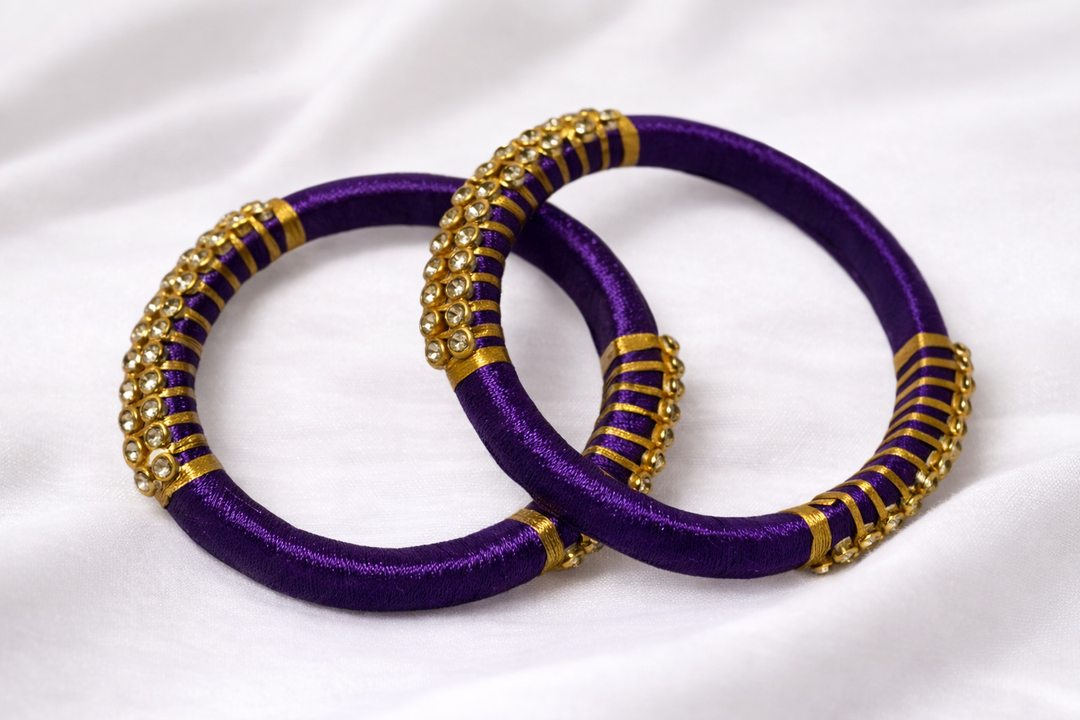 violet and golden handmade silk thread bangle with beads and stone work traditional jewelry