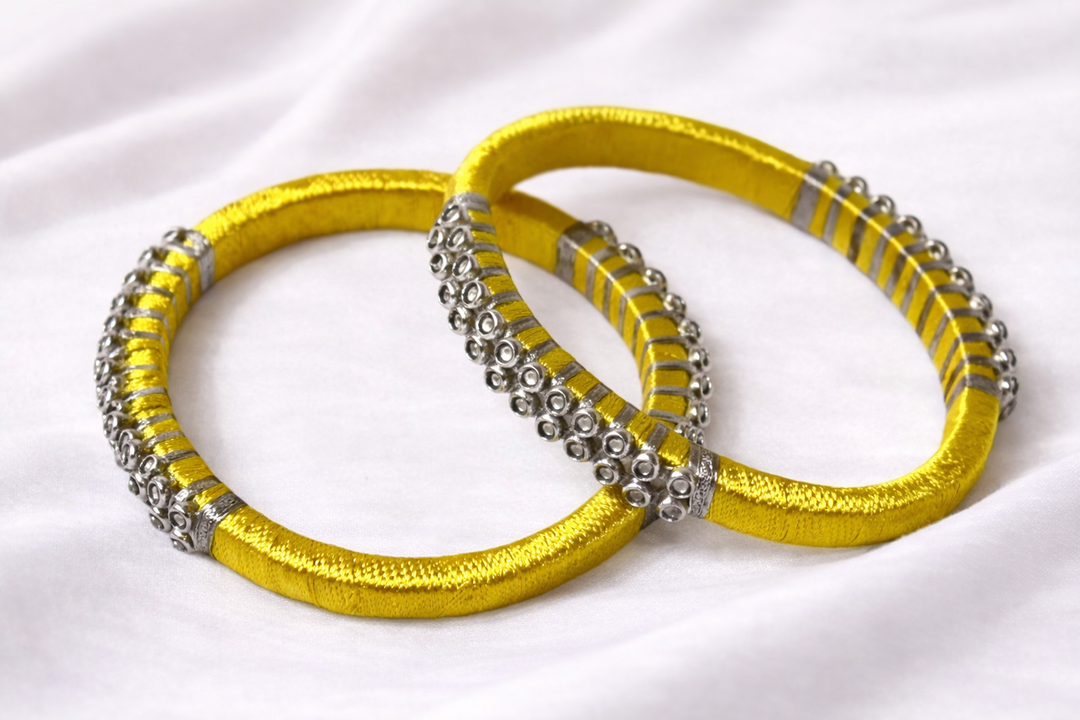 yellow and silver silk thread bangle handmade traditional jewelry for girls