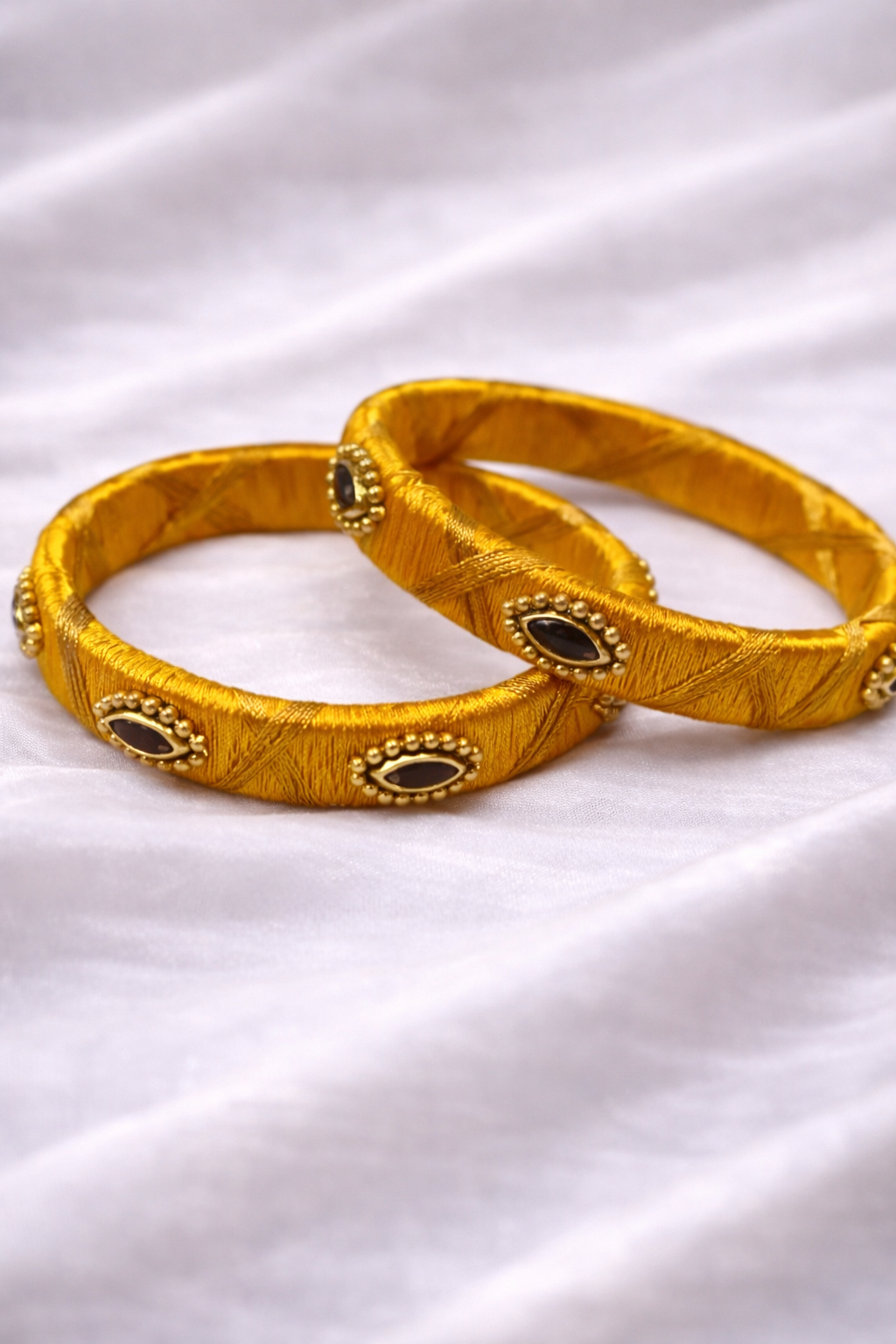 yellow silk thread bangle with golden beads and kundan stones traditional jewelry for girls