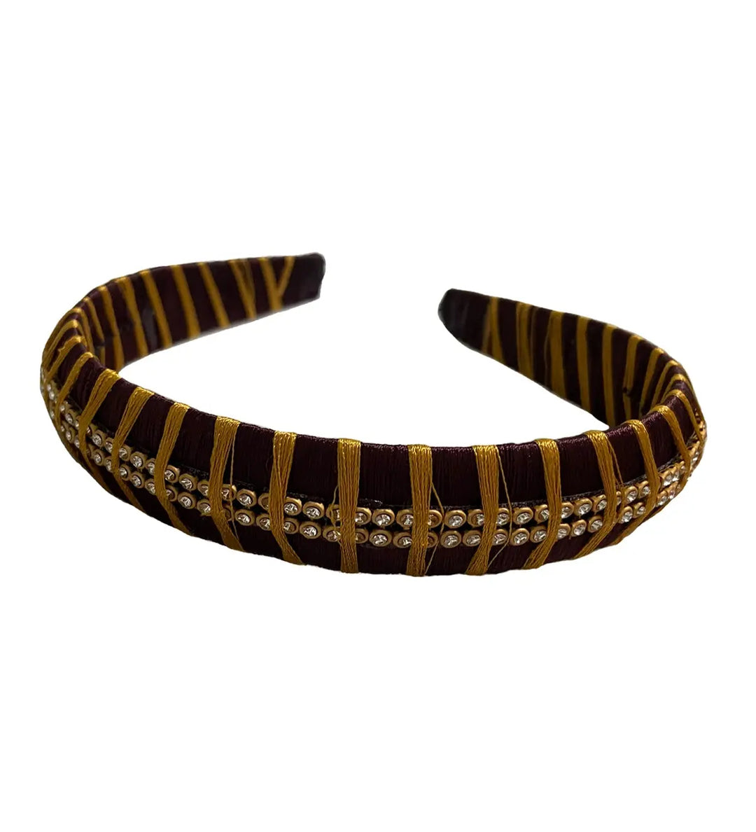 Silk Thread Headband 2line stones Brown - Pattupavadai.com