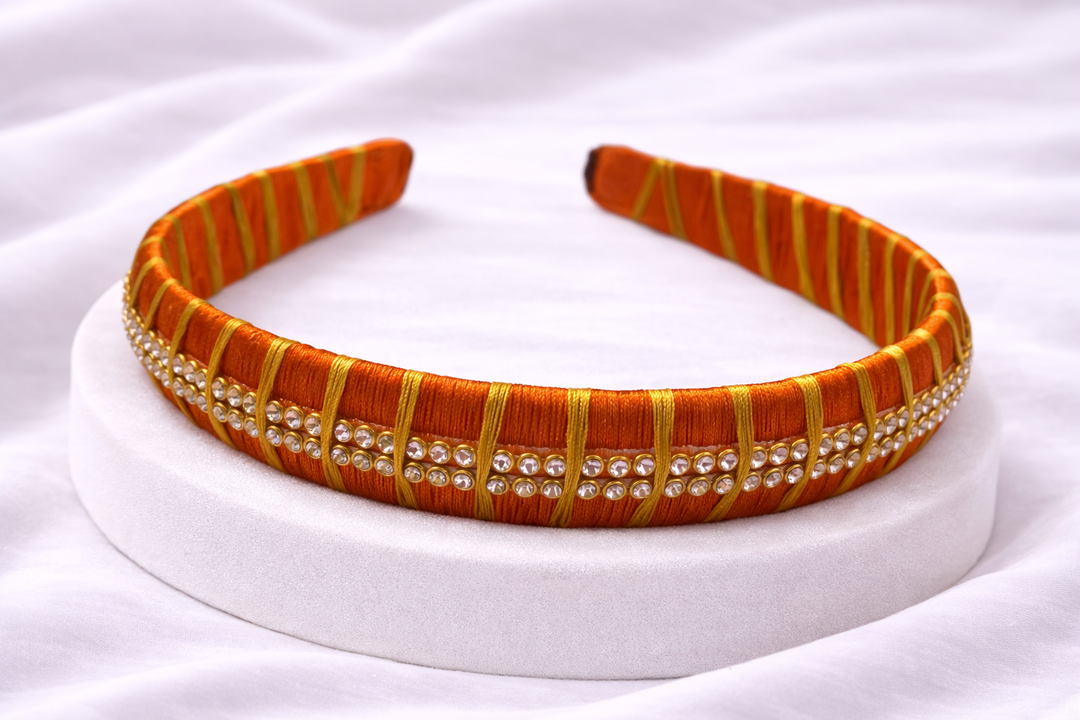 orange silk thread headband 2line stones traditional hair accessory for girls