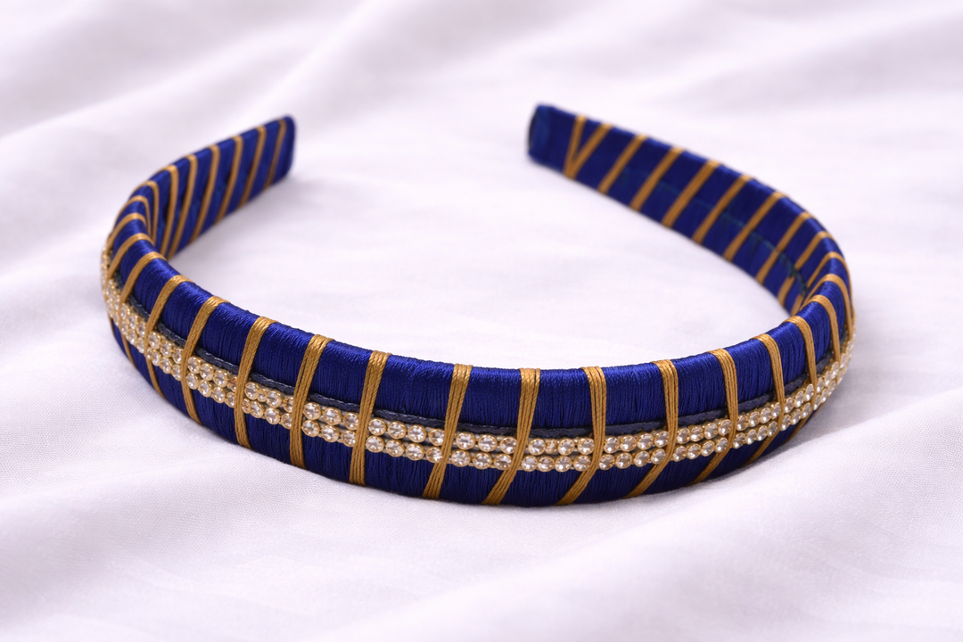 blue silk thread headband with two line stone work traditional hair accessory for girls